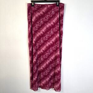Derek Heart Y2K Maxi Skirt Women's XL Red Floral Mesh Lettuce Edge Whimsigoth